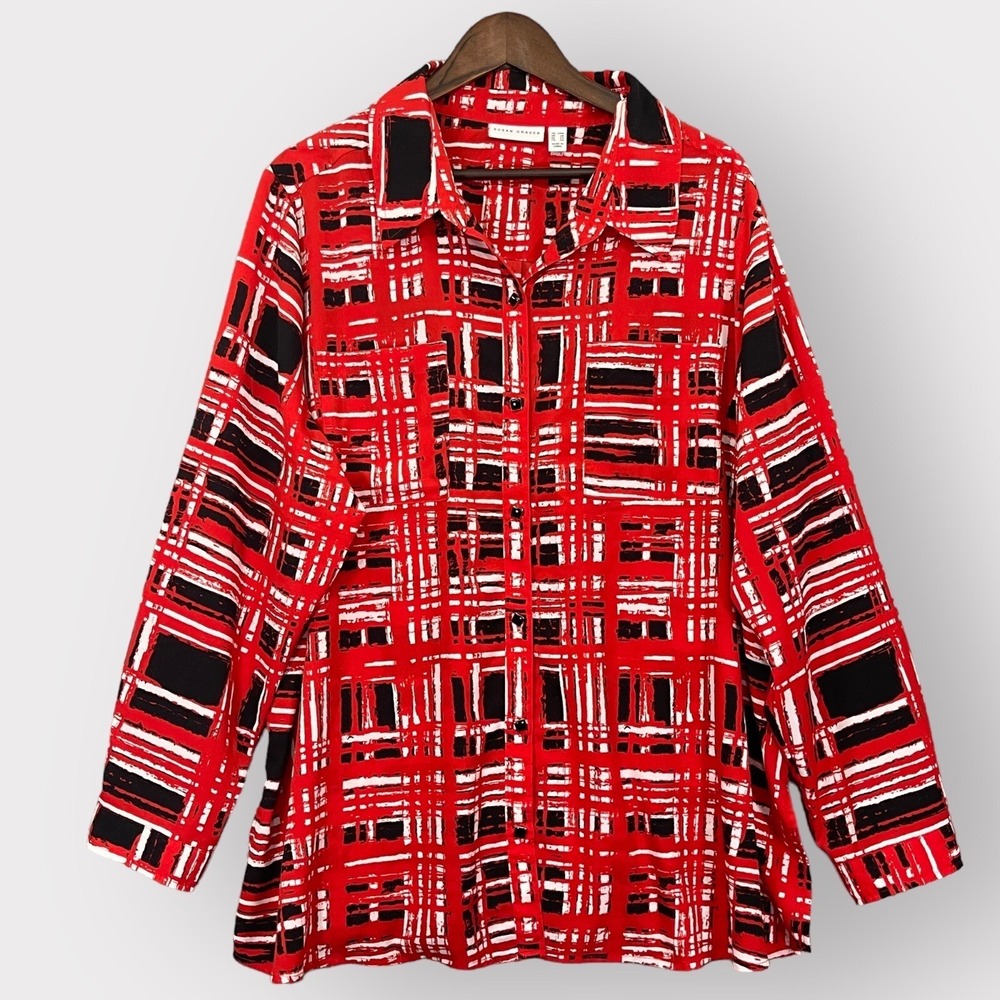 Susan Graver Red Black White Abstract Print Button Front Blouse Plus Size 24W
